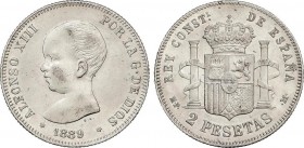 Alfonso XIII
2 Pesetas. 1889 (*18-89). M.P.-M. Restos de brillo original. EBC-. 