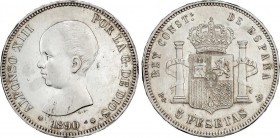 Alfonso XIII
5 Pesetas. 1890 (*18-90). P.G.-M. Zonas de plata mate en anverso. Brillo original. EBC. 