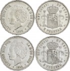 Alfonso XIII
Lote 2 monedas 5 Pesetas. 1893 y 1894. 1893 (*18-93) P.G.-L. y 1894 (*18-94) P.G.-V. (Limpiadas). (EBC-). 