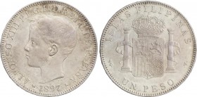 Alfonso XIII
1 Peso. 1897. MANILA. S.G.-V. (Leves golpecitos). Restos de brillo original, ligera pátina irisada. EBC+. 