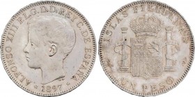 Alfonso XIII
1 Peso. 1897. MANILA. S.G.-V. Parte de brillo original. Bonita pátina irisada. EBC. 