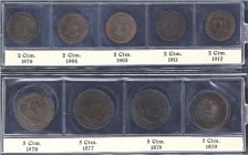 Lots and Collections
Lote 9 monedas 2 (5) y 5 Céntimos (4). 1870 a 1912. I REPÚBLICA y ALFONSO XIII. Las dos series completas con todas las fechas. IM...