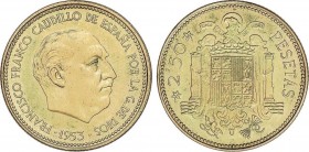 Estado Español
2,50 Pesetas. 1953 (*19-69). Procedente de tira F.N.M.T. Tirada: 2.000 piezas. Pátina. MUY ESCASA. PRUEBA. 