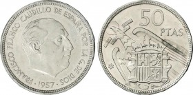 Estado Español
50 Pesetas. 1957 (*68). Procedente de tira F.N.M.T. Tirada: 1.000 piezas. (Leves hojitas). RARA. PRUEBA. 