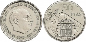 Estado Español
50 Pesetas. 1957 (*69). Procedente de tira F.N.M.T. Tirada: 1.200 piezas. RARA. PRUEBA. 