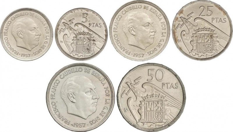 Estado Español
Serie 3 monedas 5, 25 y 50 Pesetas. 1957 (*BA). I Exposición Iber...