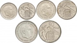 Estado Español
Serie 3 monedas 5, 25 y 50 Pesetas. 1957 (*BA). I Exposición Iberoamericana de Numismática y Medallística.Con entrada. Barcelona 1958. ...