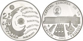 Juan Carlos I
Ecu Issues
25 Ecu. 1992. AR. Madrid Capital Europea de la Cultura. En estuche original, con certificado. FDC. 