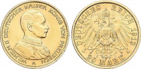 World Coins
German States
20 Marcos. 1913-A. GUILLERMO II. PRUSIA. BERLIN. 7,94 grs. AU. KM-537; Fr-3833. EBC+. 
