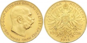 World Coins
Austria
100 Coronas. 1915. FRANCISCO JOSÉ I. 33,84 grs. AU. Reacuñación oficial (Restrike). (Leve rayita en anverso, en la frente). Fr-507...