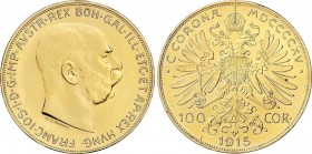 World Coins
Austria
100 Coronas. 1915. FRANCISCO JOSÉ I. 33,82 grs. Reacuñación oficial (Restrike). Fr-507 R ; KM-2819. SC. 