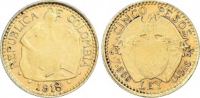 World Coins
Colombia
5 Pesos. 1918. 7,97 grs. AU. Fr-110; KM-195.1. MBC+. 
