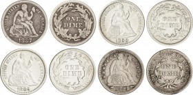 World Coins
United States of America
Lote 4 monedas 1 Dime. 1853, 86, 87, 90. AR. Tipo Libertad sentada. A EXAMINAR. KM-77, A92 (3). MBC- a MBC+. 