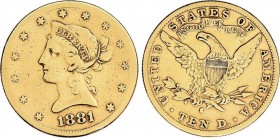 World Coins
United States of America
10 Dólares. 1881-S. SAN FRANCISCO. 16,51 grs. AU. Coronet Head. Fr-160; KM-102. BC/BC+. 