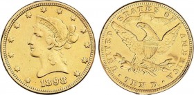 World Coins
United States of America
10 Dólares. 1898. FILADELFIA. 16,61 grs. AU. Coronet Head, (Descolgada). Fr-158; KM-102. (BC+). 