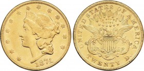 World Coins
United States of America
20 Dólares. 1874. FILADELFIA. 33,31 grs. AU. Liberty Head. (Rayitas). Fr-174; KM-74.2. MBC/MBC+. 