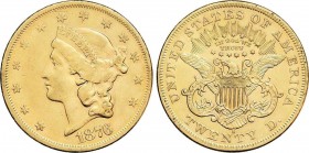 World Coins
United States of America
20 Dólares. 1876-S. SAN FRANCISCO. 33,34 grs. AU. Liberty Head. Fr-175; KM-74.2. MBC+/EBC-. 