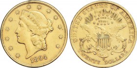 World Coins
United States of America
20 Dólares. 1894-S. SAN FRANCISCO. 33,35 grs. AU. Liberty Head. Fr-175; KM-74.3. MBC+. 