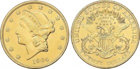 World Coins
United States of America
20 Dólares. 1904. FILADELFIA. 33,41 grs. AU. Liberty Head. Fr-177; KM-74.3. EBC-/EBC. 
