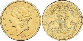 World Coins
United States of America
20 Dólares. 1907. FILADELFIA. 33,39 grs. AU. Liberty Head. Fr-177; KM-74.3. MBC+/EBC-. 
