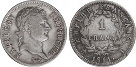 World Coins
France
1 Franco. 1811-T. NAPOLEÓN EMPERADOR. NANTES. 4,87 grs. AR. KM-692.14. MBC. 