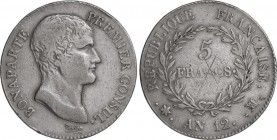 World Coins
France
5 Francos. An 12-MA. BONAPARTE PRIMER CÓNSUL. MARSELLA. 24,76 grs. AR. (Rayitas). KM-659.11. MBC/MBC-. 