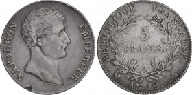 World Coins
France
5 Francos. An 12-A. NAPOLEÓN EMPERADOR. PARÍS. 24,82 grs. AR. (Ligero defecto en canto). Leve pátina. KM-660.1. MBC. 