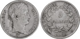 World Coins
France
5 Francos. 1808-B. NAPOLEÓN EMPERADOR. ROUEN. 24,72 grs. AR. (Leves rayitas y golpecitos). KM-686.2. MBC. 