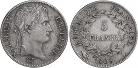 World Coins
France
5 Francos. 1808-I. NAPOLEÓN EMPERADOR. LIMOGES. 24,76 grs. AR. (Ligeras rayitas y leves golpecitos en canto). KM-686.6. MBC. 