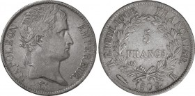 World Coins
France
5 Francos. 1808-K. NAPOLEÓN EMPERADOR. BURDEOS. 24,83 grs. AR. KM-694.8. MBC+/MBC. 