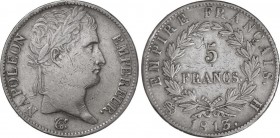 World Coins
France
5 Francos. 1813-H. NAPOLEÓN EMPERADOR. LA ROCHELLE. 24,93 grs. AR. (Ligeras rayitas). KM-694.6. MBC. 