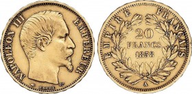 World Coins
France
20 Francos. 1858-A. NAPOLEÓN III. PARÍS. 6,40 grs. AU. (leves golpecitos). Fr-573; KM-781.1. MBC/MBC+. 