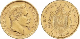 World Coins
France
20 Francos. 1862-A. NAPOLEÓN III. PARÍS. 6,4 grs. AU. (Pequeños golpecitos). Fr-584; KM-801.1. MBC+. 