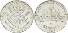 World Coins
Haiti
25 Gourdes. 1967-IC. 117,79 grs. AR. 10 Aniversario de la Revolución. Tirada máxima: 4.650 piezas. Leves manchitas. KM-67.1. PROOF. ...