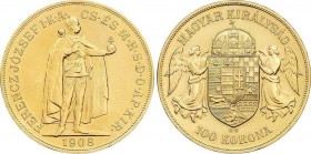 World Coins
Hungary
100 Coronas. 1908-KB. FRANCISCO JOSÉ I. KREMNITZ. 33,90 grs. AU. Reacuñación oficial (Restrike). Fr-249 R ; KM-491. SC. 