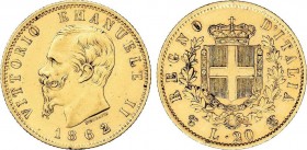 World Coins
Italy
20 Liras. 1862. VÍCTOR MANUEL II. 6,42 grs. AU. Fr-11; KM-10,1. EBC-. 