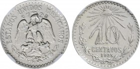 World Coins
Mexico
10 Centavos. 1925M. Encapsulada por NGC como AU DETAILS  (CLEANED), nº: (4725600-017). (Limpiada). EBC a SC. 
