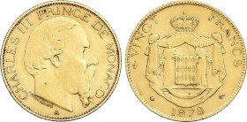 World Coins
Monaco
20 Francos. 1878-A. CARLOS III. PARÍS. 6,43 grs. AU. (Pequeñas rayitas). Fr-12; KM-98. MBC. 
