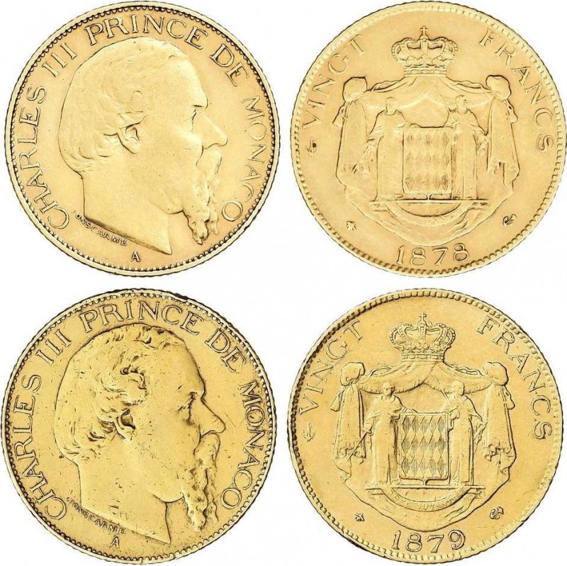 World Coins
Monaco
Lote 2 monedas 20 Francos. 1878-A y 1879-A. CARLOS III. PARÍS...