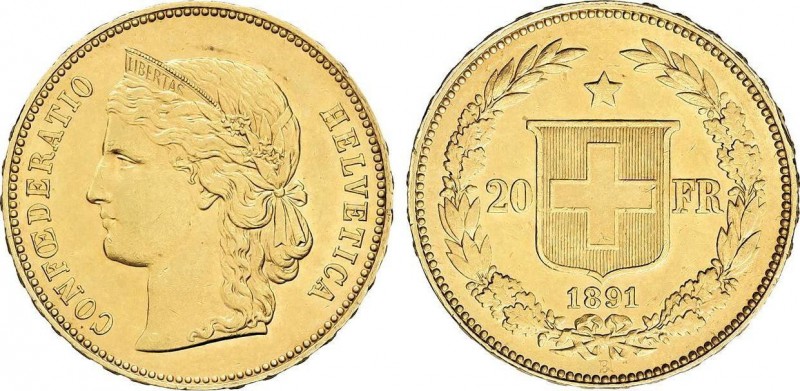 World Coins
Switzerland
20 Francos. 1891-B. BERNA. 6,43 grs. AU. Fr-495; KM-31.3...