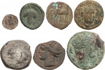 Lots and Collections
Ancient Greece
Lote 7 monedas. Incluye Didracma de Neapolis y Óbolo a clasificar, 5 cobres AE, incluye Trias de Siracusa (Agathok...