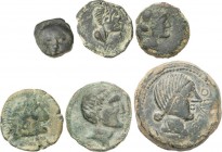 Lots and Collections
Celtiberian Coins
Lote 6 monedas 1/2 Calco, Semis (4) y As. CARMO, GADES, LAELIA, OBULCO, SEARO, SISAPO. AE. 1/2 Calco: Gades; Se...