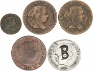 Lots and Collections
Spanish Monarchy
Lote 5 monedas. Incluye 1/2 y 2-1/2 (3) Céntimos de Escudo y 40 Céntimos de escudo con contramarca B. BC a MBC-....