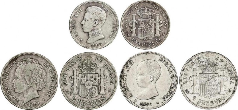 Lots and Collections
Alfonso XIII
Lote 3 monedas 1 y 2 (2) Pesetas. 1 Peseta 190...