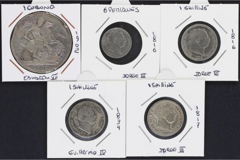 Lots and Collections
World Coins
Lote 5 monedas 6 Peniques, 1 Chelín (3) y 1 Cor...