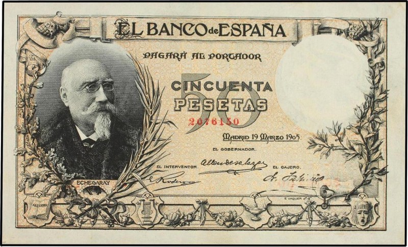 Spanish Banknotes
Spanish Banknotes
50 Pesetas. 19 Marzo 1905. Echegaray. (Leve ...