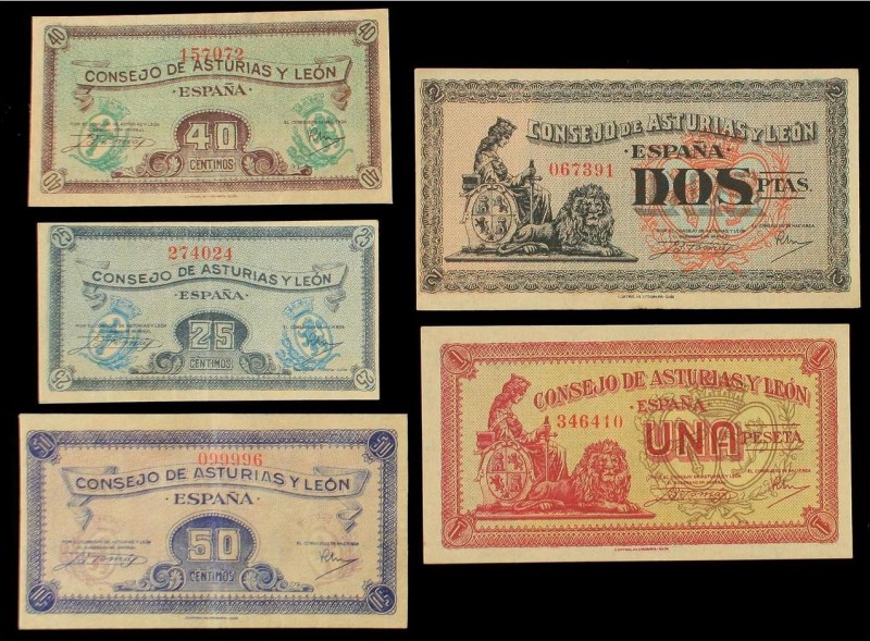 Spanish Banknotes
Spanish Civil War
Serie 5 billetes 25, 40, 50 Céntimos, 1 y 2 ...