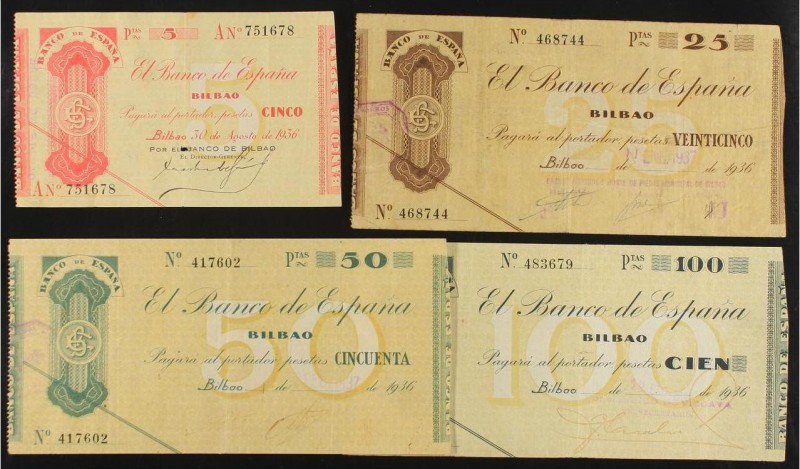 Spanish Banknotes
Spanish Civil War
Lote 4 billetes 5, 25, 50 y 100 Pesetas. 30 ...