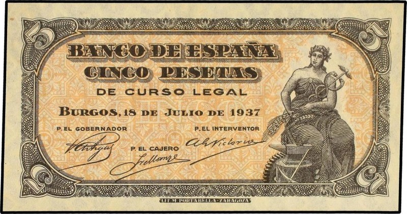 Spanish Banknotes
Estado Español
5 Pesetas. 18 Julio 1937. Portabella. Serie B. ...