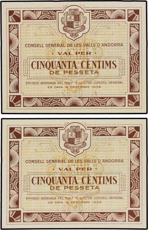 General Council of Andorra
Lote 2 billetes 50 Cèntims. 19 Desembre 1936. CONSELL...